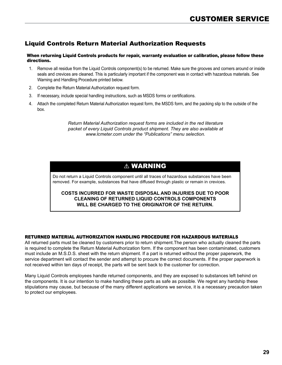 Customer service, Warning | Liquid Controls Mechanical Eliminators User Manual | Page 29 / 32