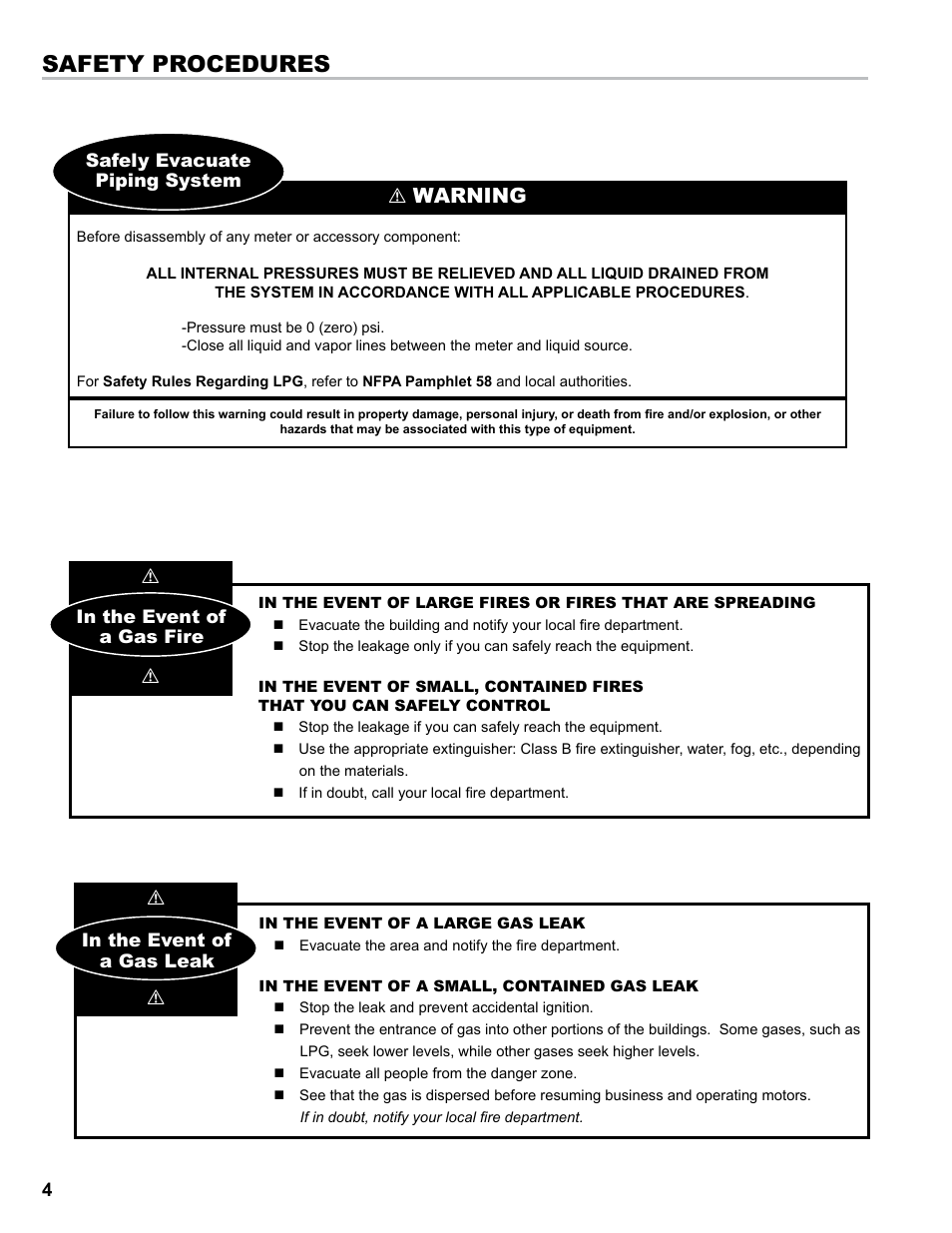 Safety procedures, Warning be prepared | Liquid Controls Mechanical Eliminators User Manual | Page 4 / 32