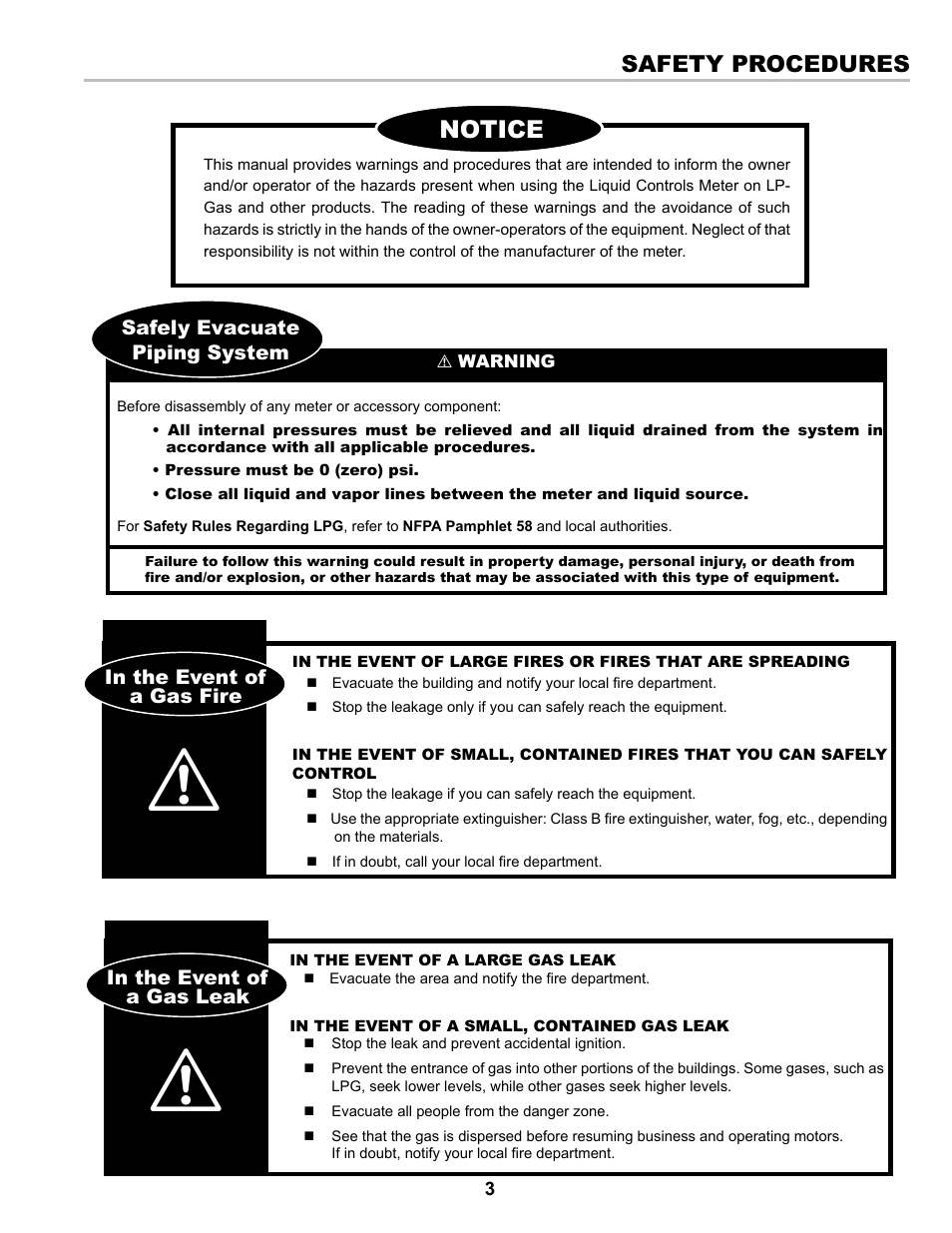 Notice, Safety procedures | Liquid Controls Strainers F-7, FA-7, F-15, F-30 & Steel Series User Manual | Page 3 / 16