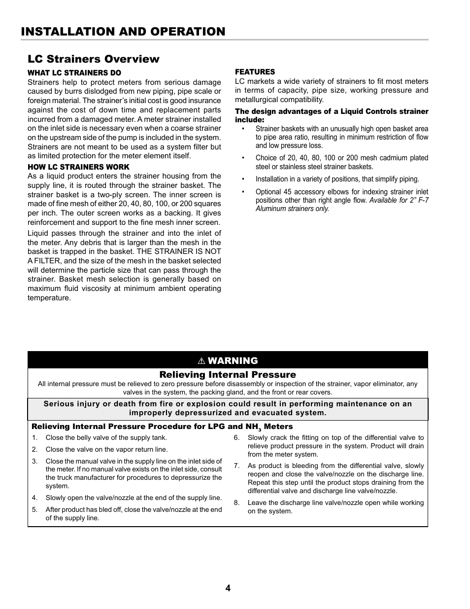 Installation and operation, Lc strainers overview | Liquid Controls Strainers F-7, FA-7, F-15, F-30 & Steel Series User Manual | Page 4 / 16