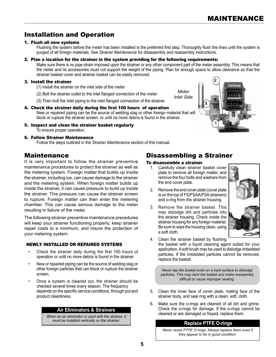 Maintenance, Disassembling a strainer, Installation and operation | Liquid Controls Strainers F-7, FA-7, F-15, F-30 & Steel Series User Manual | Page 5 / 16