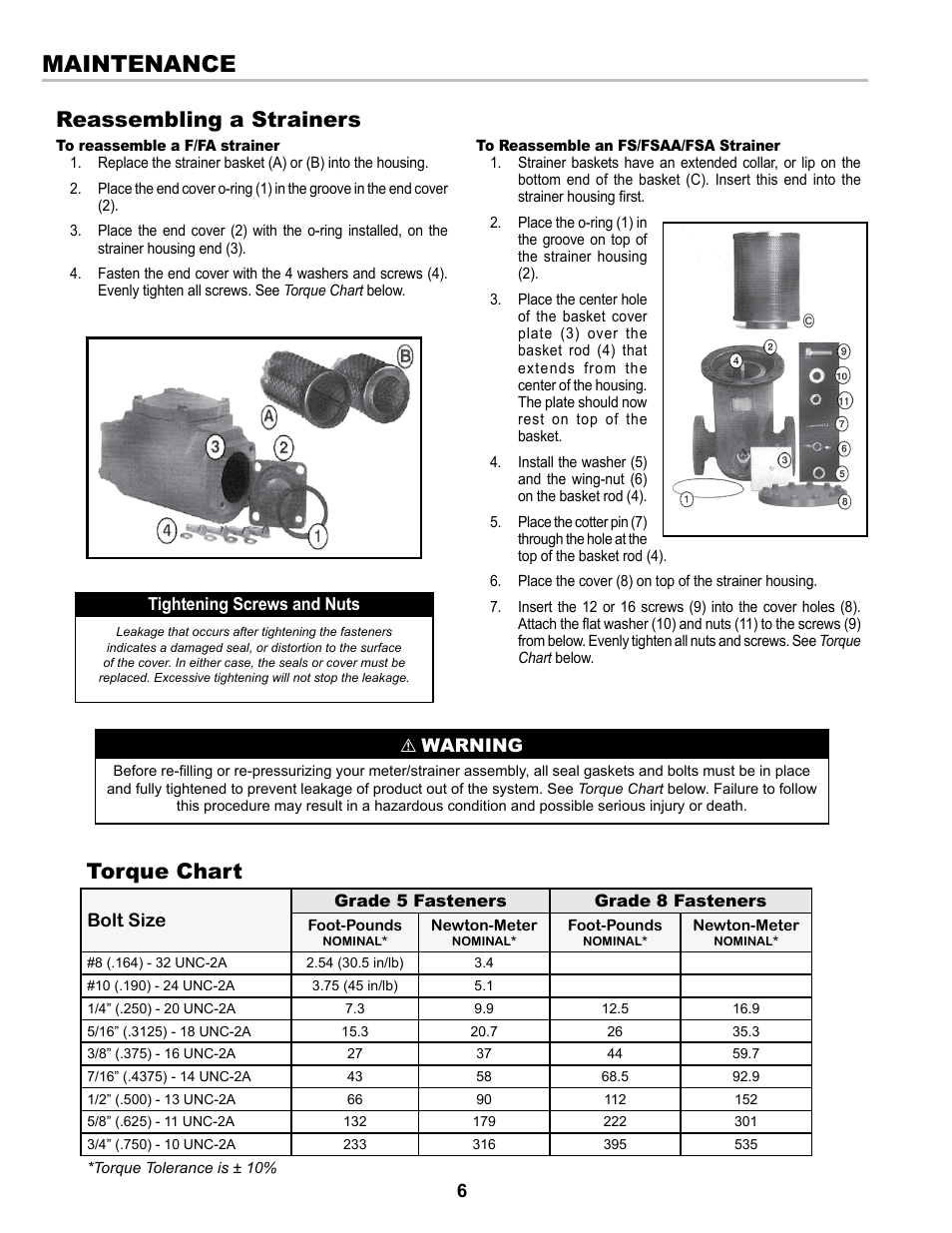 Maintenance, Torque chart, Reassembling a strainers | Liquid Controls Strainers F-7, FA-7, F-15, F-30 & Steel Series User Manual | Page 6 / 16