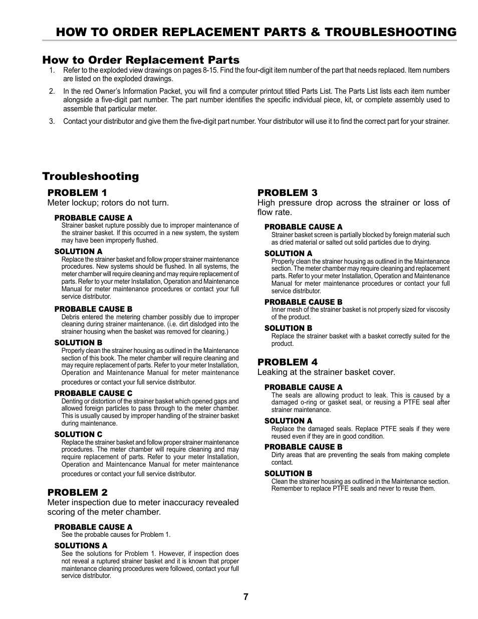 How to order replacement parts & troubleshooting, How to order replacement parts, Troubleshooting | Liquid Controls Strainers F-7, FA-7, F-15, F-30 & Steel Series User Manual | Page 7 / 16