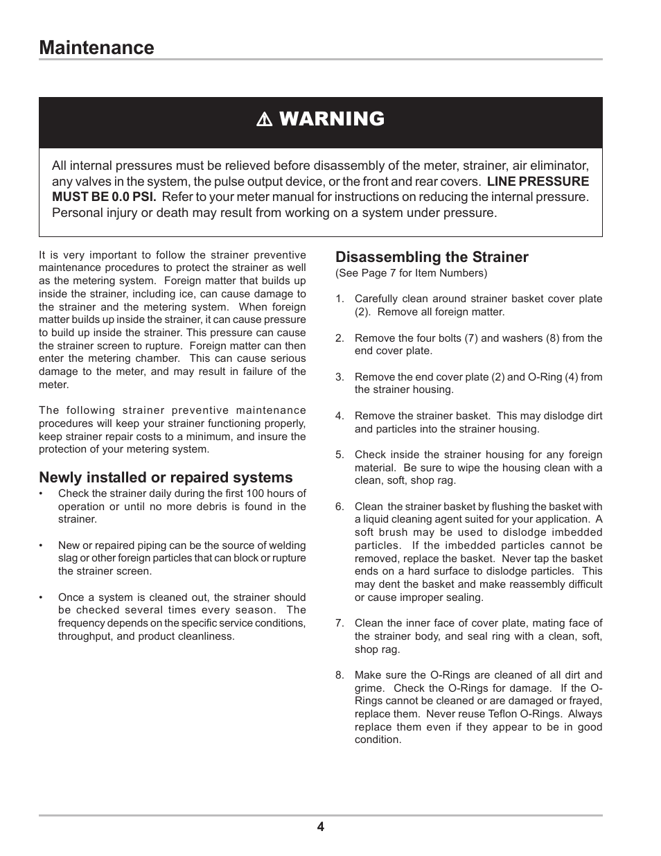 Maintenance ! ! ! ! ! warning | Liquid Controls 2 & 3 HiCap Strainers User Manual | Page 4 / 12