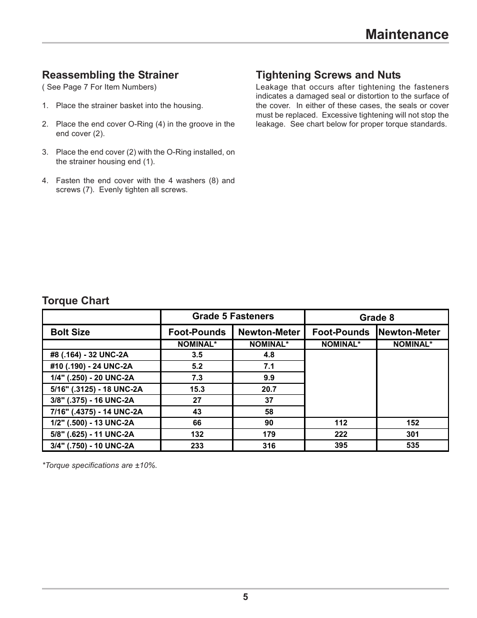 Maintenance, Torque chart reassembling the strainer, Tightening screws and nuts | Liquid Controls 2 & 3 HiCap Strainers User Manual | Page 5 / 12