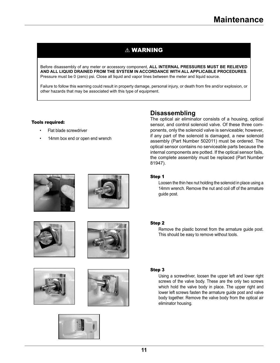 Maintenance, Disassembling, Warning | Liquid Controls Optical Air Eliminator US Patent 7000628 Refined Fuels Applications A8981 & A8981A User Manual | Page 11 / 16