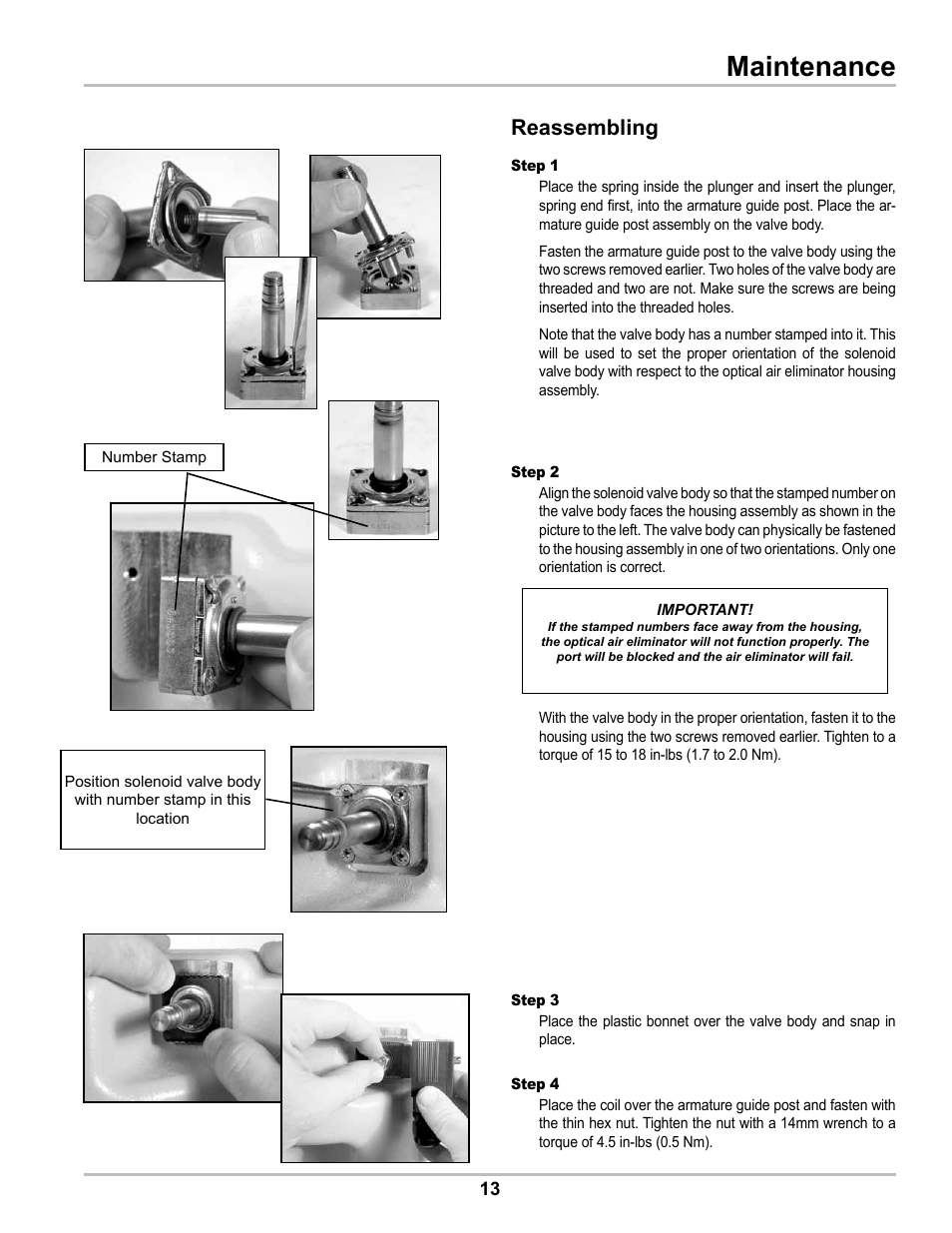 Maintenance, Reassembling | Liquid Controls Optical Air Eliminator US Patent 7000628 Refined Fuels Applications A8981 & A8981A User Manual | Page 13 / 16