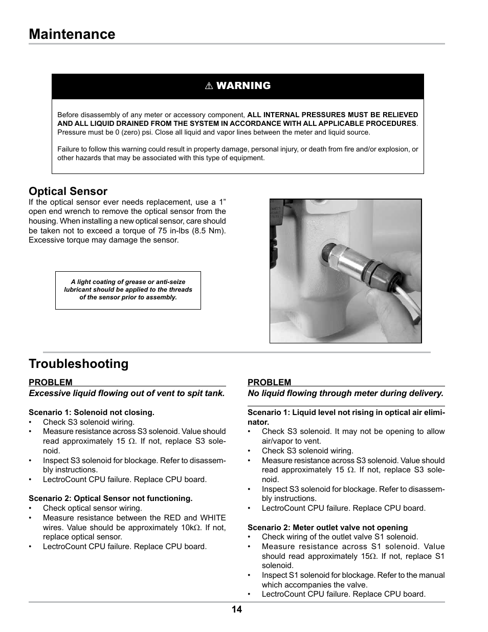 Maintenance, Troubleshooting, Optical sensor | Warning | Liquid Controls Optical Air Eliminator US Patent 7000628 Refined Fuels Applications A8981 & A8981A User Manual | Page 14 / 16