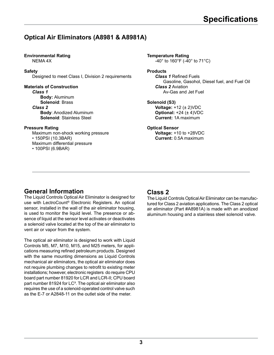 Specifications, General information, Class 2 | Liquid Controls Optical Air Eliminator US Patent 7000628 Refined Fuels Applications A8981 & A8981A User Manual | Page 3 / 16