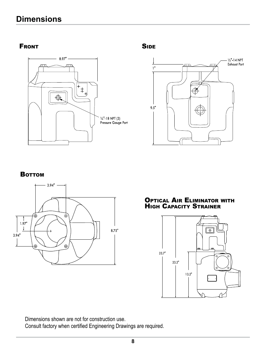 Dimensions | Liquid Controls Optical Air Eliminator US Patent 7000628 Refined Fuels Applications A8981 & A8981A User Manual | Page 8 / 16