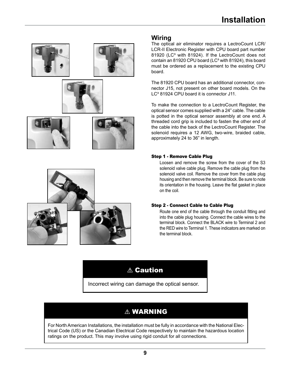 Installation, Caution, Wiring | Warning | Liquid Controls Optical Air Eliminator US Patent 7000628 Refined Fuels Applications A8981 & A8981A User Manual | Page 9 / 16