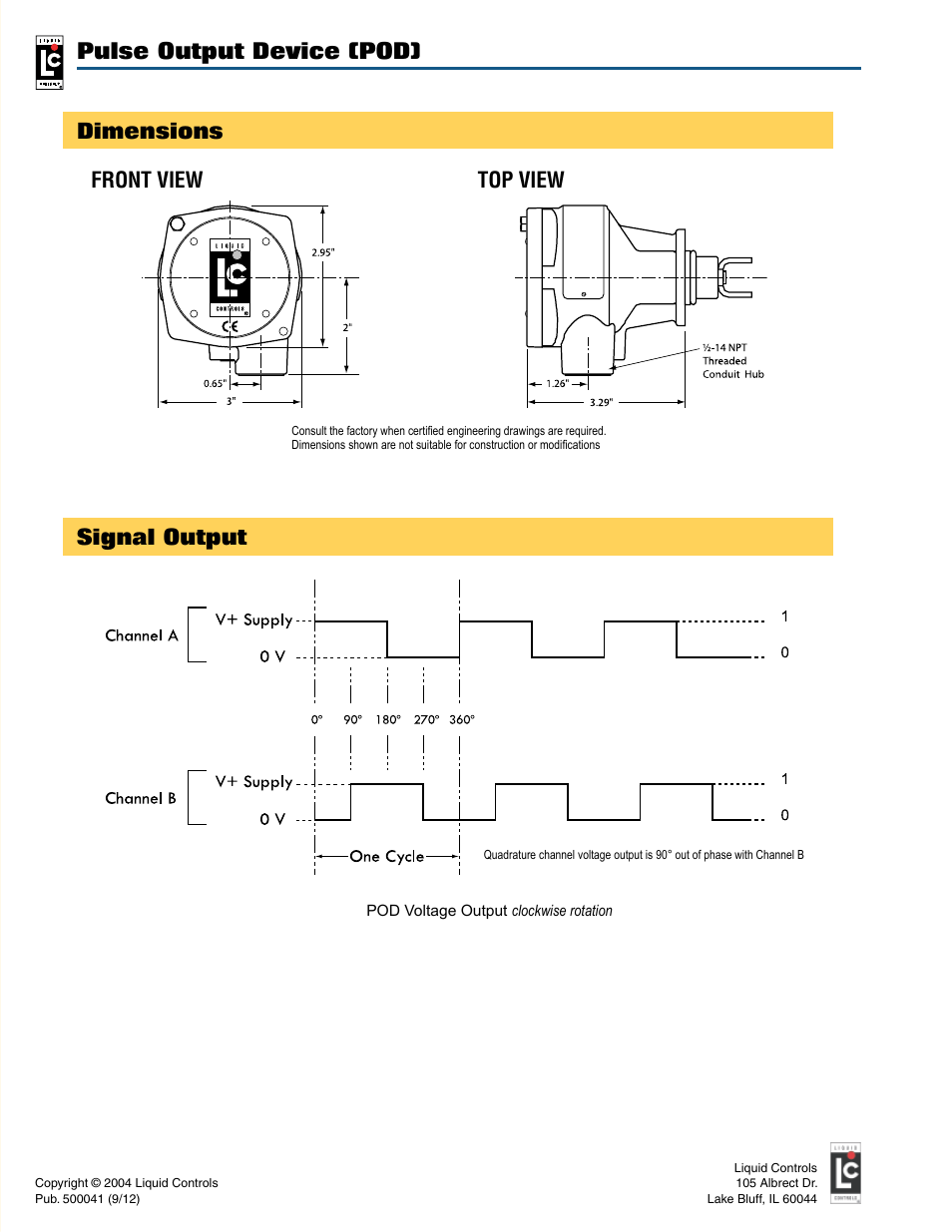 Pulse output device (pod), Signal output, Dimensions | Front view top view | Liquid Controls Pulse Output Device POD User Manual | Page 2 / 2