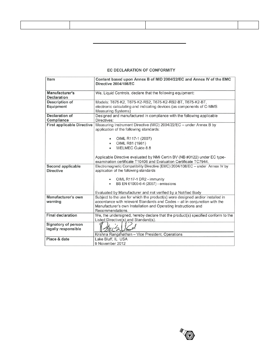 Declaration of conformity | Liquid Controls Sponsler T675 - Cryogenic System Register User Manual | Page 51 / 54