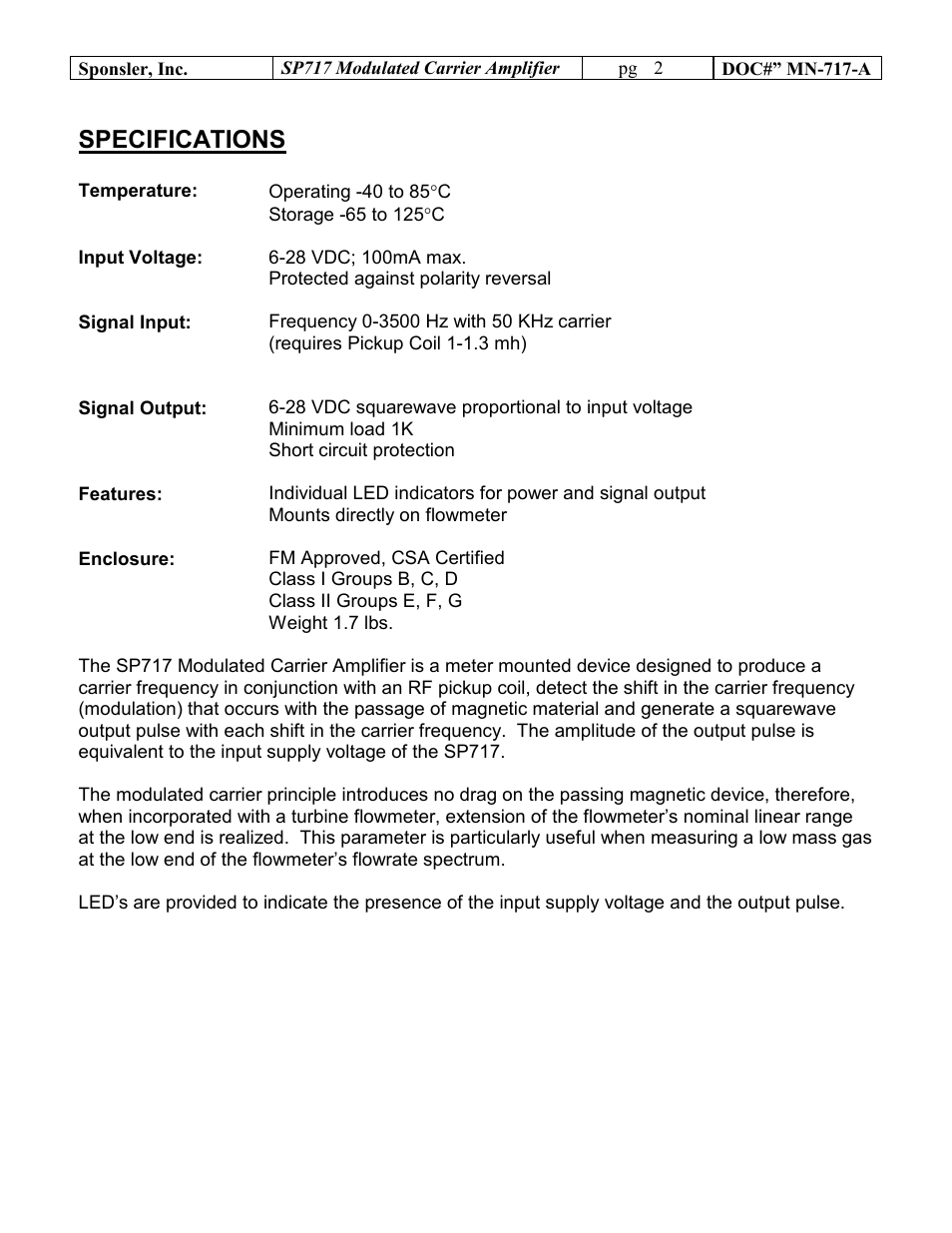 Specifications | Liquid Controls SP717 User Manual | Page 2 / 4