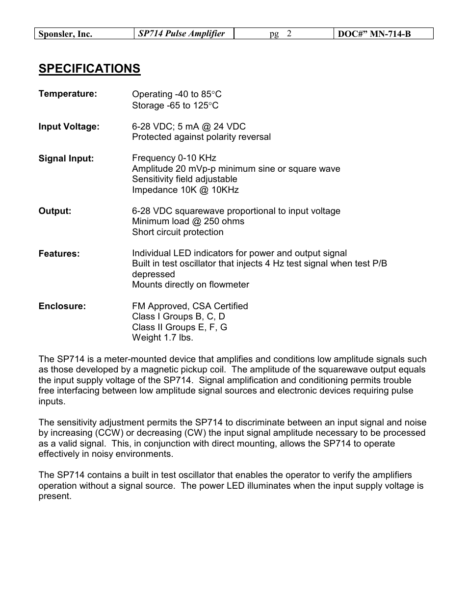 Specifications | Liquid Controls SP714 User Manual | Page 2 / 4