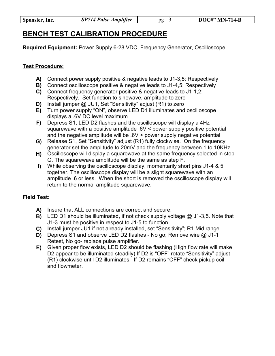 Bench test calibration procedure | Liquid Controls SP714 User Manual | Page 3 / 4
