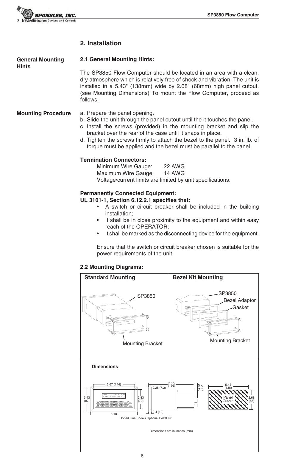 Installation, Mounting procedure, Standard mounting bezel kit mounting | Sp3850, Sp3850 bezel adaptor gasket mounting bracket, Mounting bracket, Dimensions | Liquid Controls SP3850 User Manual | Page 10 / 77