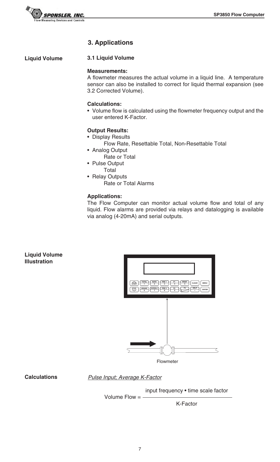 Applications, Pulse input; average k-factor, Flowmeter | Liquid Controls SP3850 User Manual | Page 11 / 77