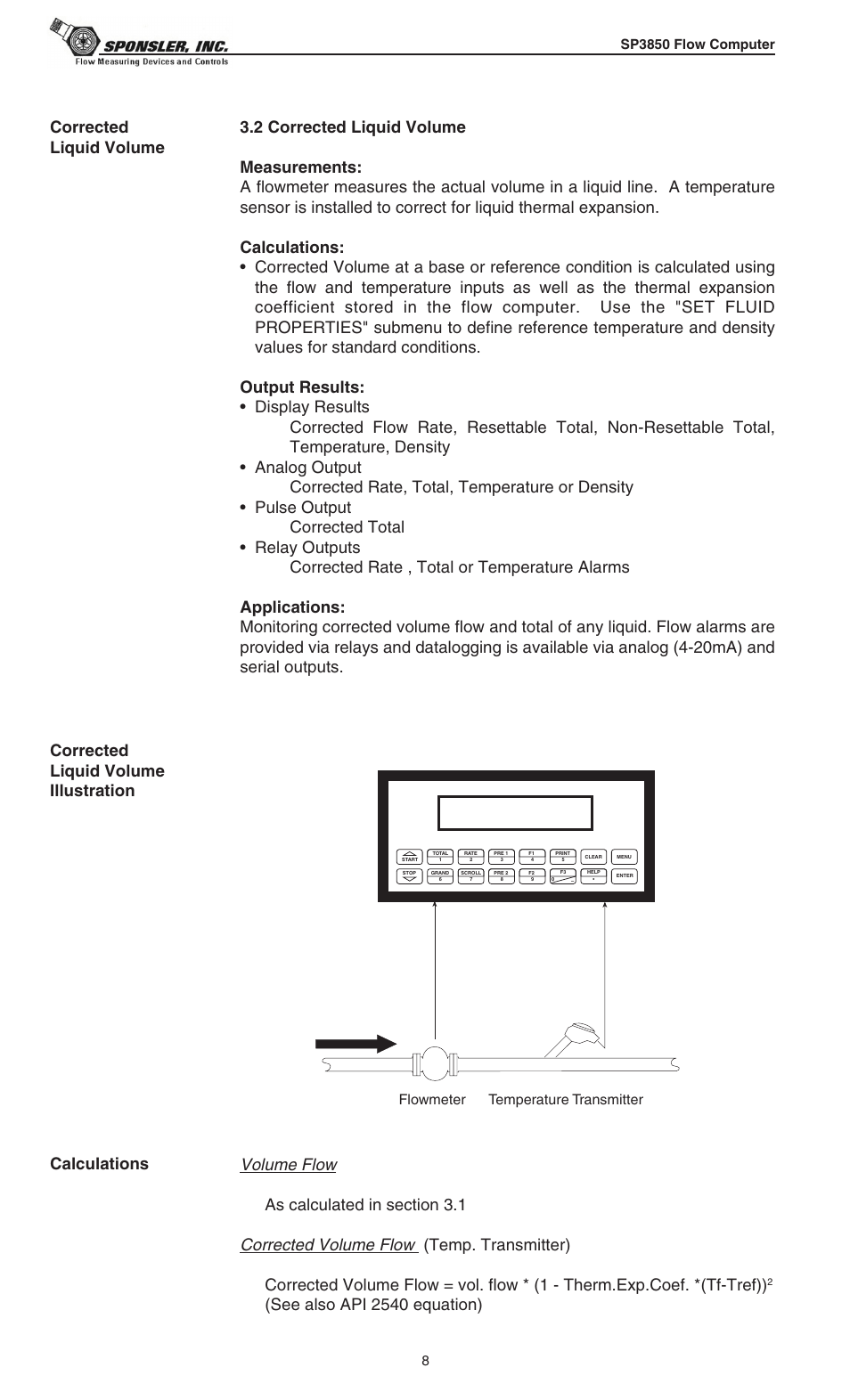 Volume flow, Corrected volume flow, Flowmeter temperature transmitter | Liquid Controls SP3850 User Manual | Page 12 / 77