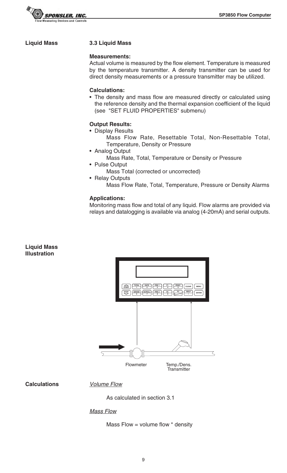 Volume flow, Mass flow, Mass flow = volume flow * density calculations | Flowmeter temp./dens. transmitter | Liquid Controls SP3850 User Manual | Page 13 / 77