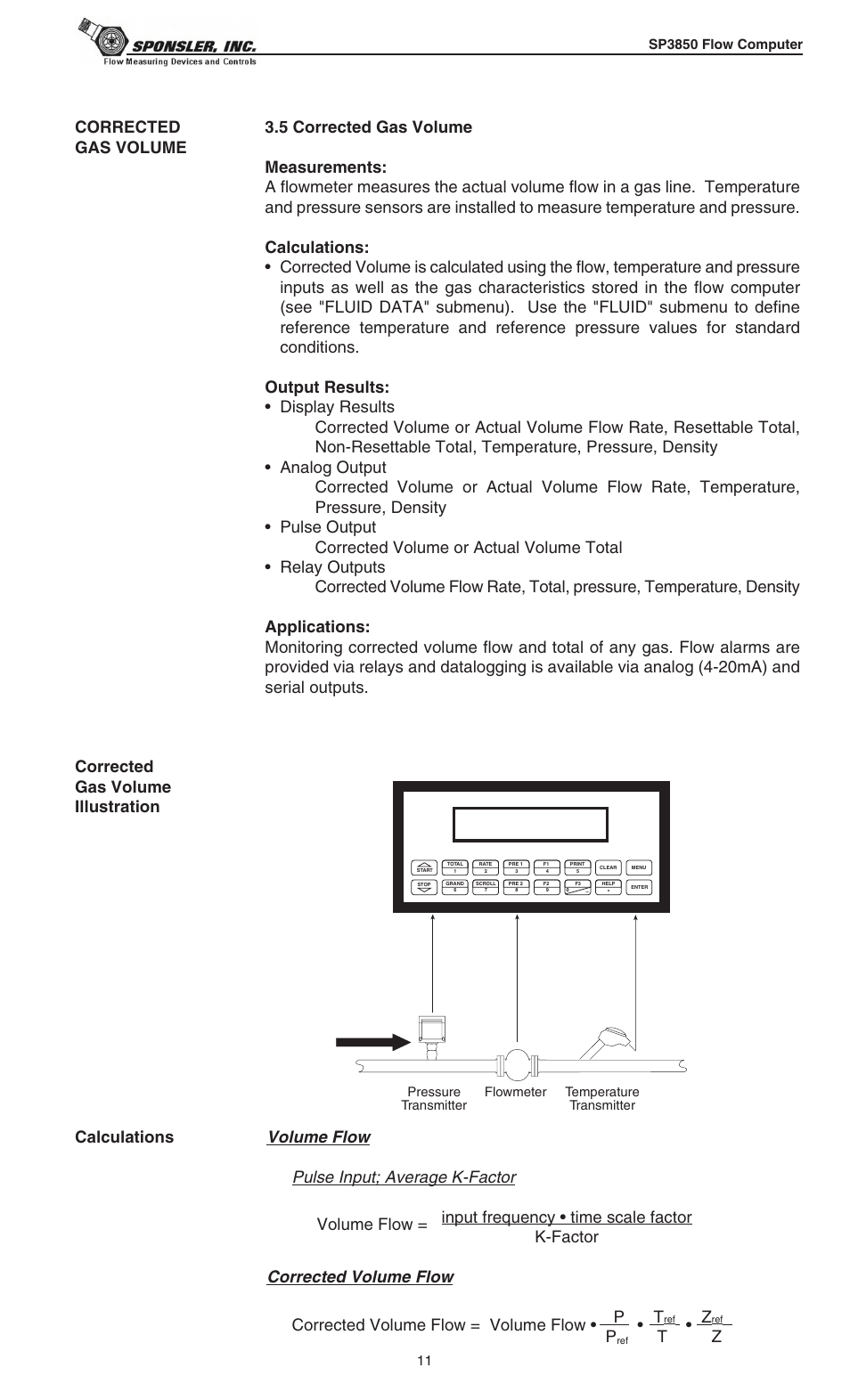 Volume flow pulse input; average k-factor, Corrected volume flow, P. t | Corrected volume flow = volume flow • p, T • z | Liquid Controls SP3850 User Manual | Page 15 / 77