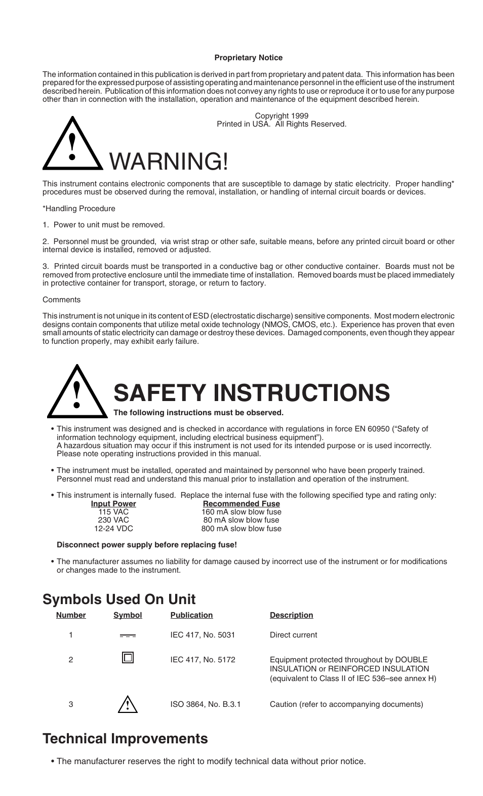Safety instructions, Warning, Symbols used on unit | Technical improvements | Liquid Controls SP3850 User Manual | Page 2 / 77