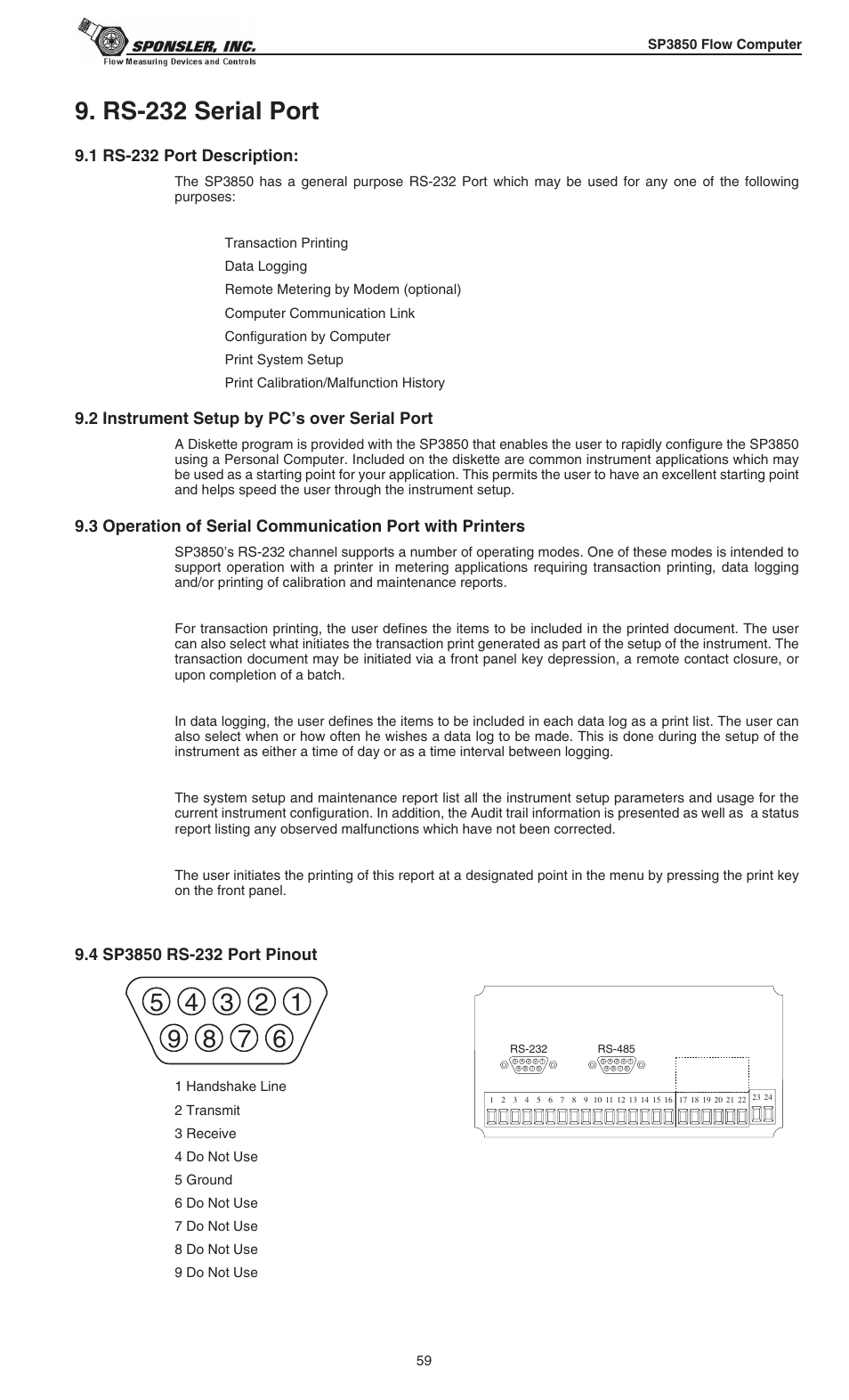 Rs-232 serial port, 1 rs-232 port description, 2 instrument setup by pc’s over serial port | Liquid Controls SP3850 User Manual | Page 63 / 77