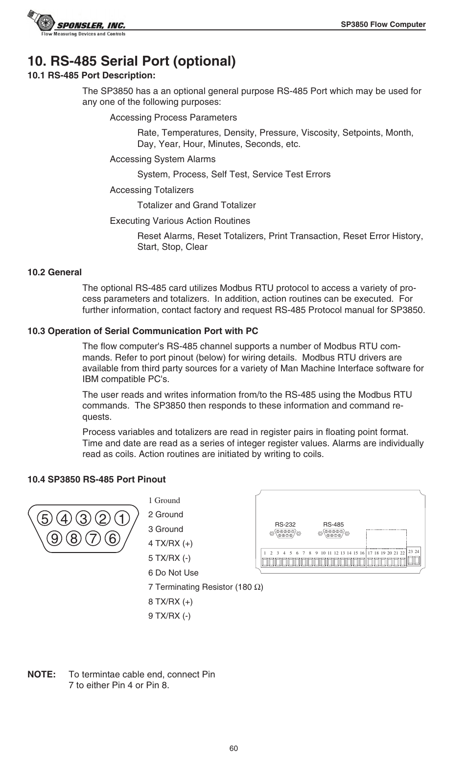 Rs-485 serial port (optional) | Liquid Controls SP3850 User Manual | Page 64 / 77