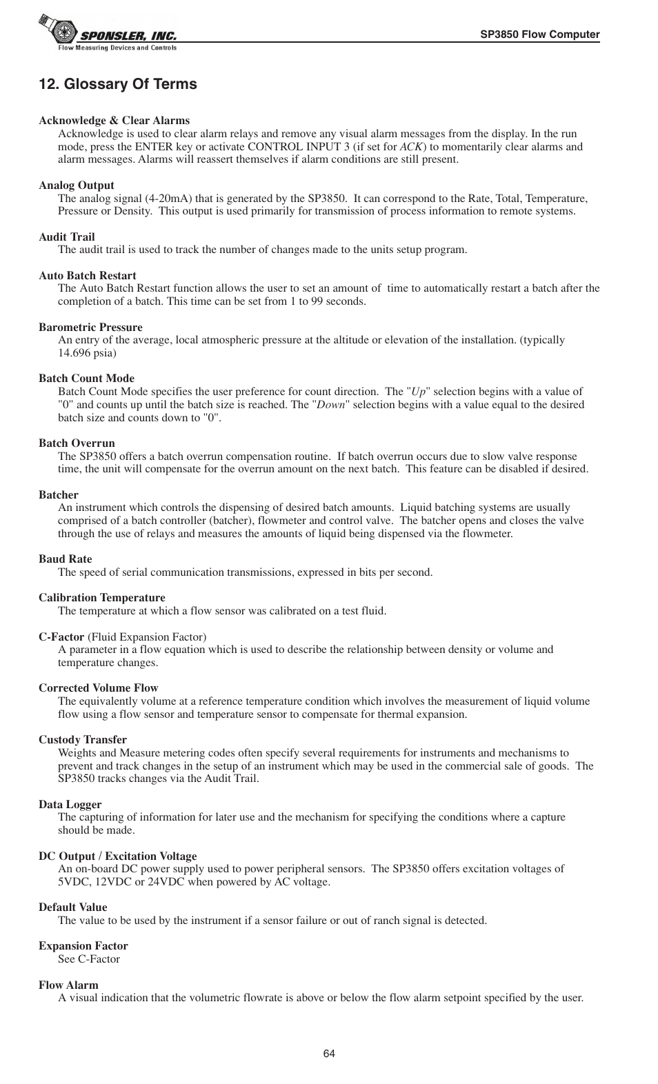 Glossary of terms | Liquid Controls SP3850 User Manual | Page 68 / 77