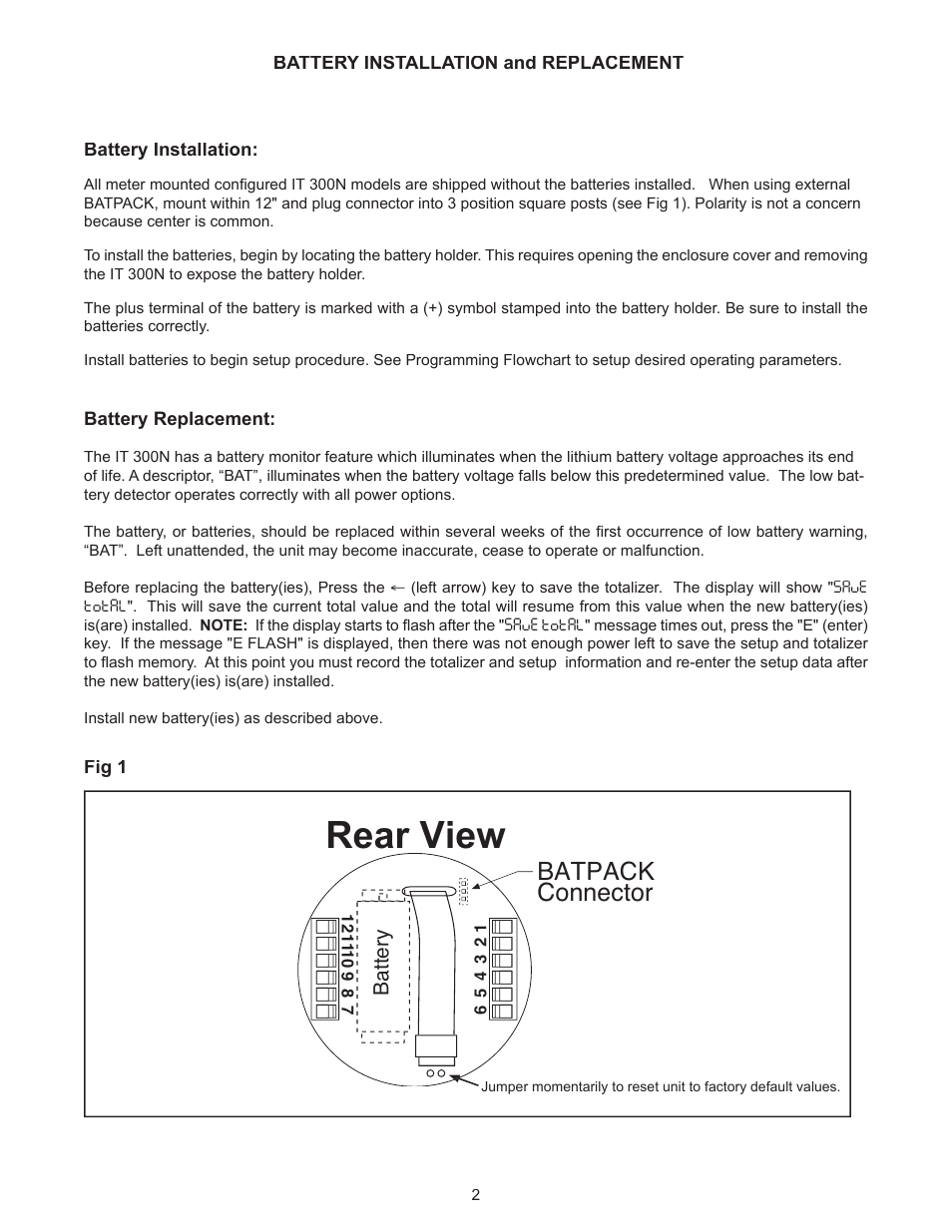 Rear view, Batpack connector | Liquid Controls IT300N User Manual | Page 4 / 15