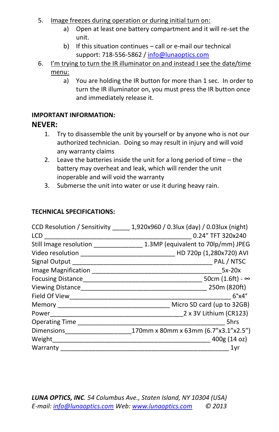 Never | Luna Optics LN-DM50-HRSD User Manual | Page 8 / 8