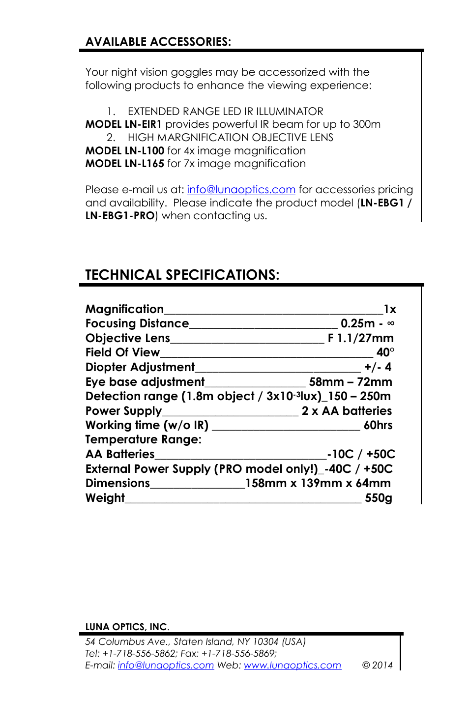 Technical specifications | Luna Optics EBG1-PRO User Manual | Page 12 / 12