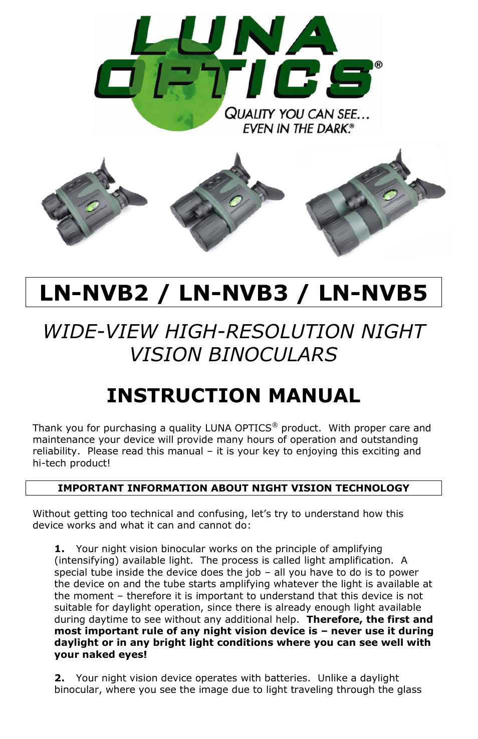 Luna Optics LN-NVB5 User Manual | 4 pages