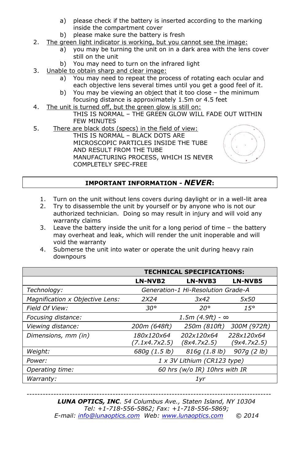 Never | Luna Optics LN-NVB5 User Manual | Page 4 / 4