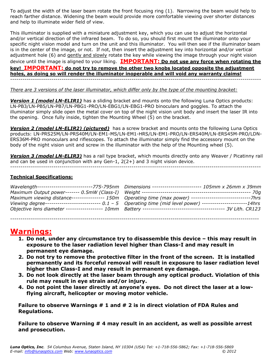 Warnings | Luna Optics LN-ELIR User Manual | Page 2 / 2