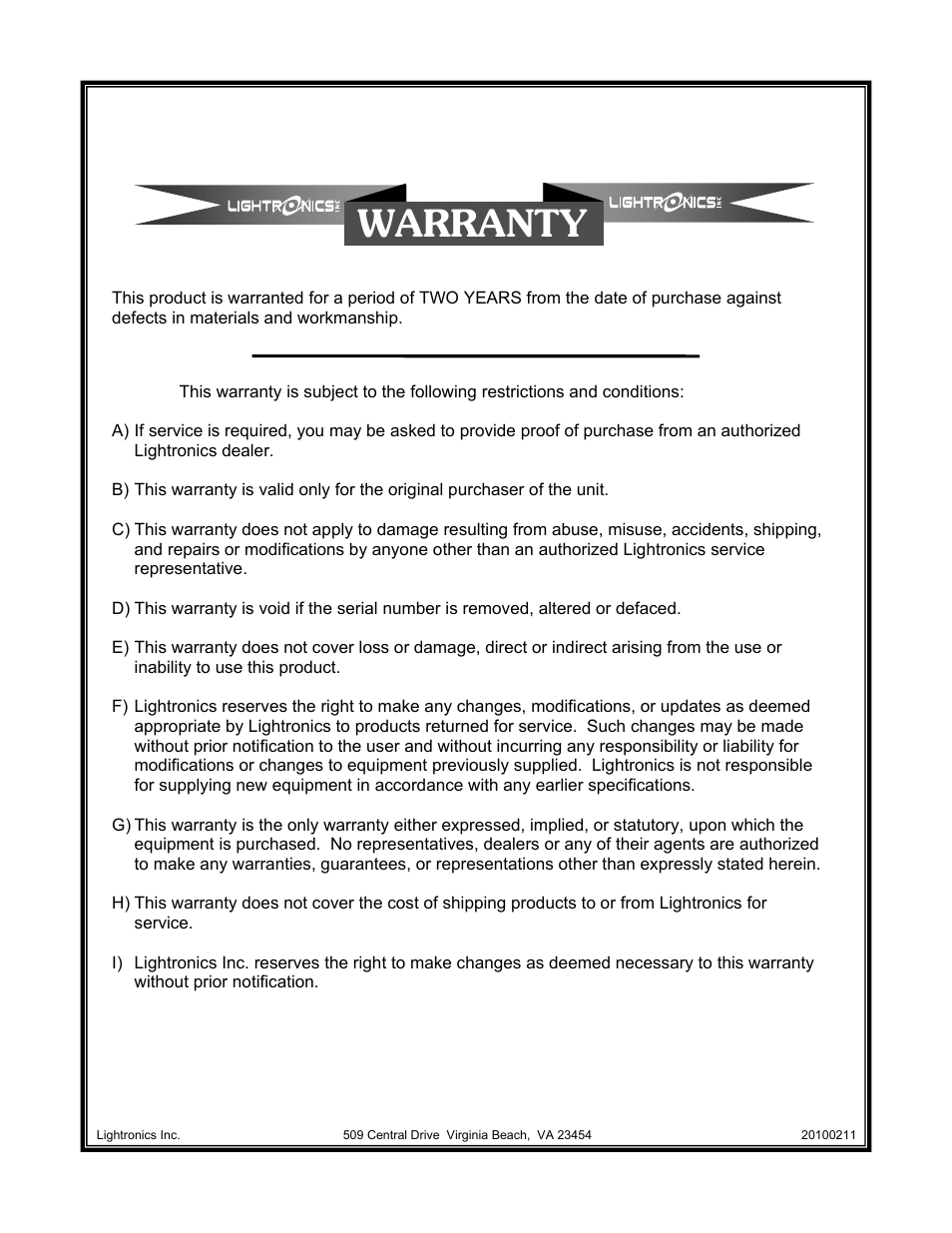Warranty | Lightronics PAR4 User Manual | Page 4 / 4