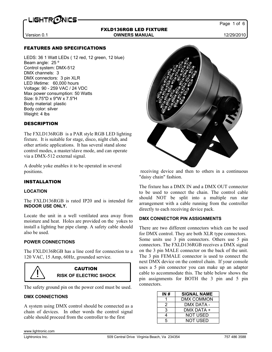 Lightronics FXLD136RGB User Manual | 6 pages