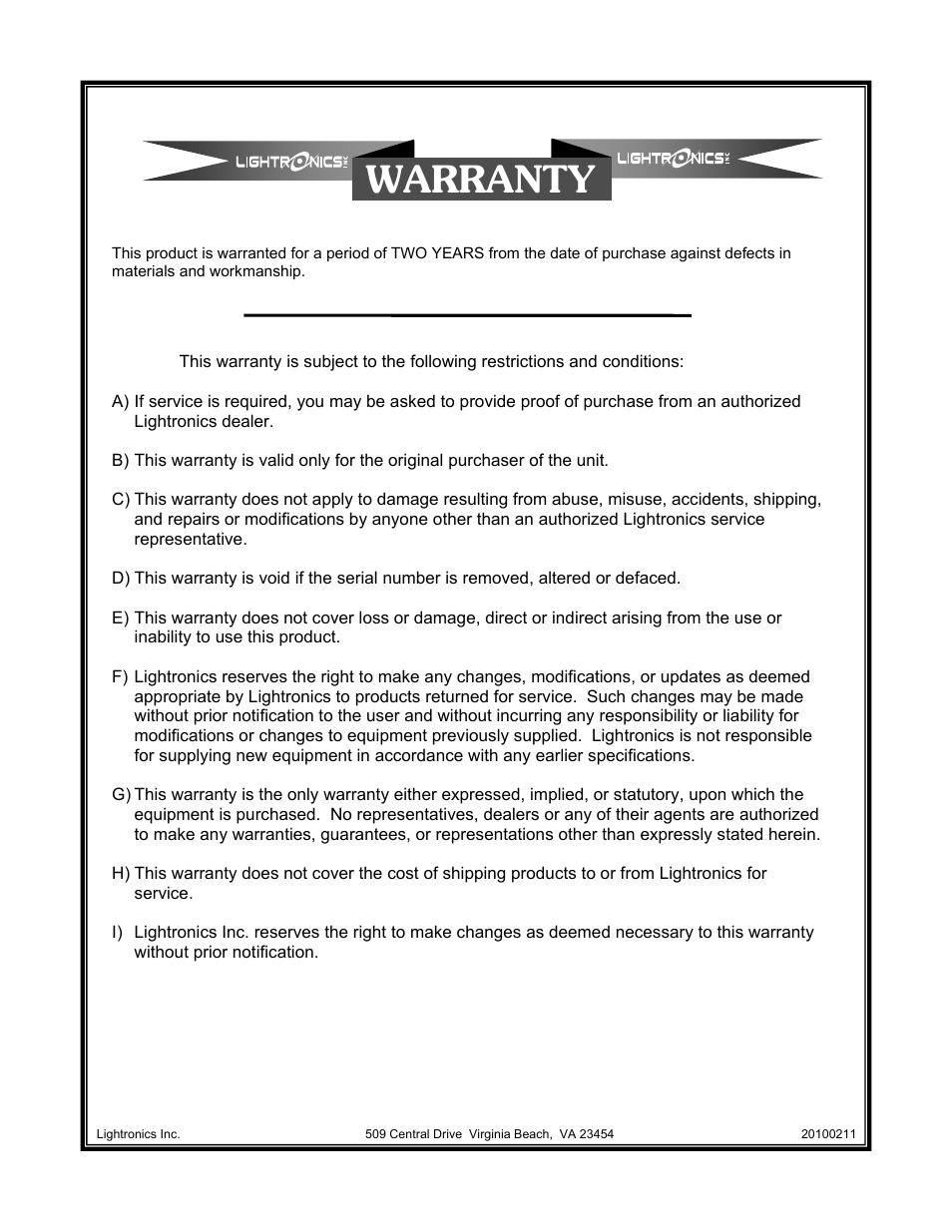 Warranty | Lightronics FXLD136RGB User Manual | Page 5 / 6