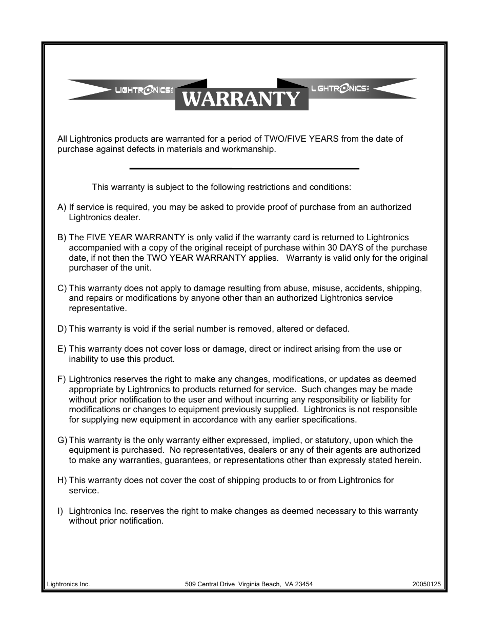 Warranty | Lightronics XC62 User Manual | Page 12 / 12