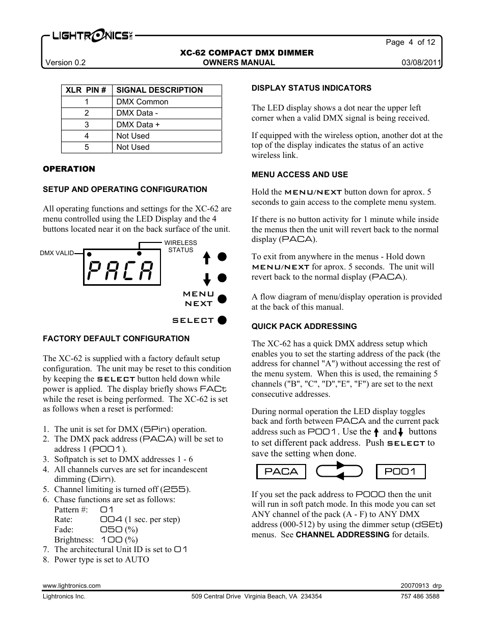 P a c a | Lightronics XC62 User Manual | Page 4 / 12