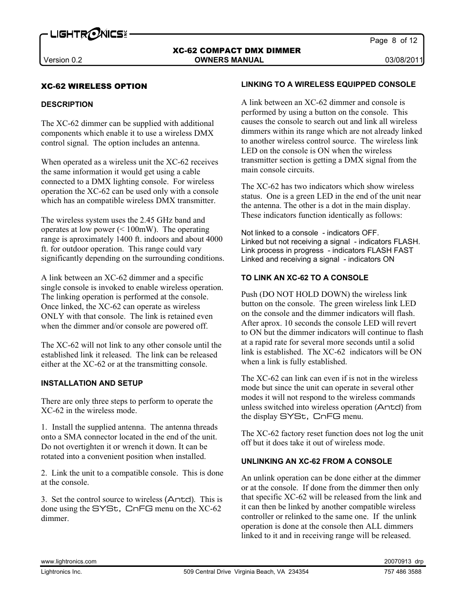 Lightronics XC62 User Manual | Page 8 / 12