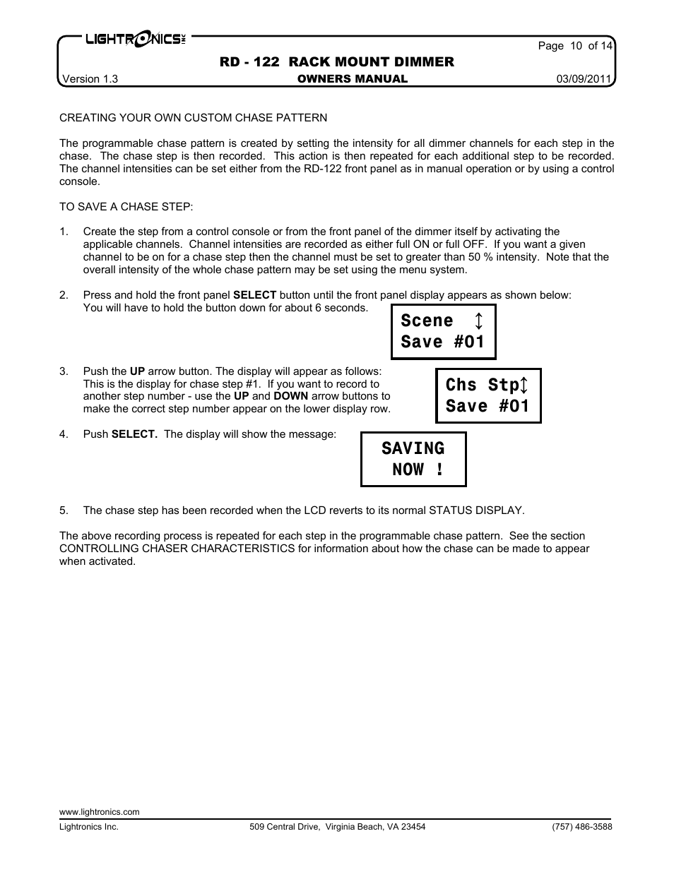 Chs stp ¦ save #01 scene ¦ save #01 saving now | Lightronics RD122 User Manual | Page 10 / 14