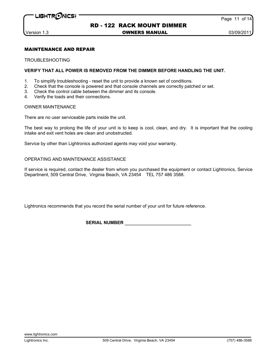 Rd - 122 rack mount dimmer | Lightronics RD122 User Manual | Page 11 / 14