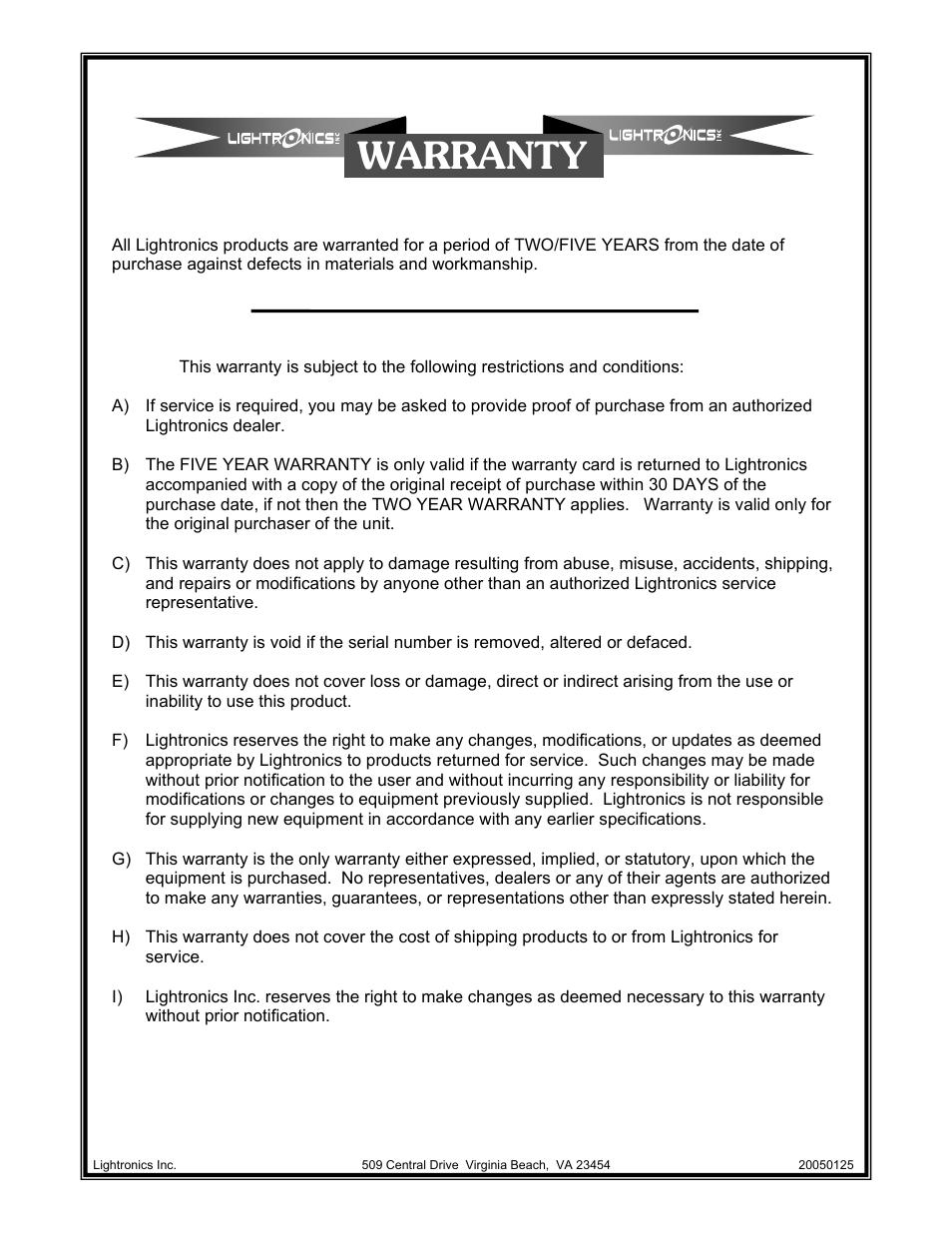 Warranty | Lightronics RD122 User Manual | Page 14 / 14