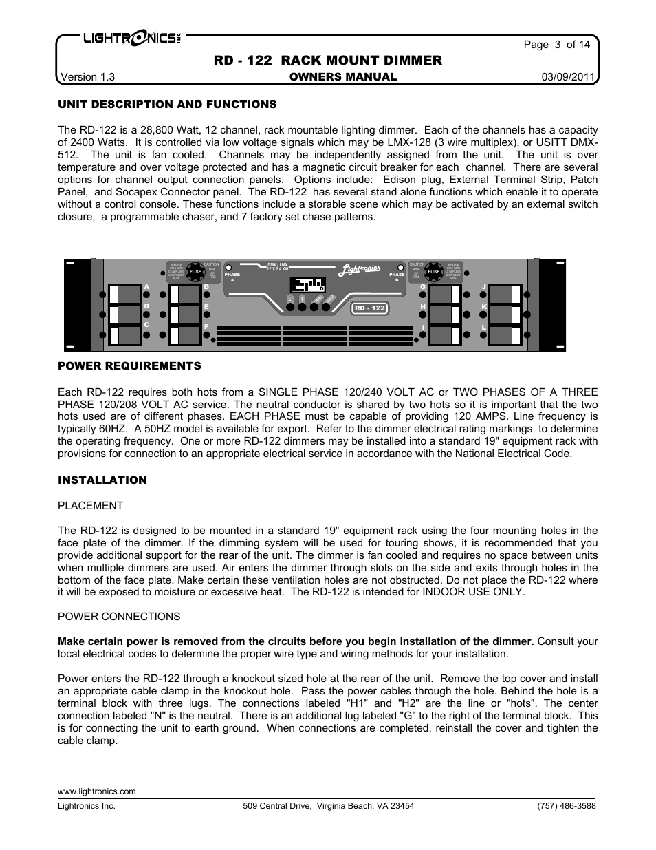 Rd - 122 rack mount dimmer, Page 3 of 14 | Lightronics RD122 User Manual | Page 3 / 14
