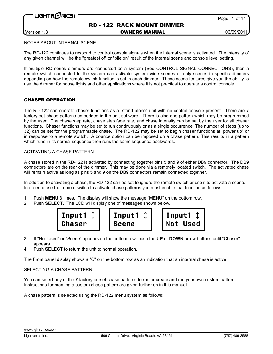 Input1 ¦ scene input1 ¦ chaser input1 ¦ not used | Lightronics RD122 User Manual | Page 7 / 14