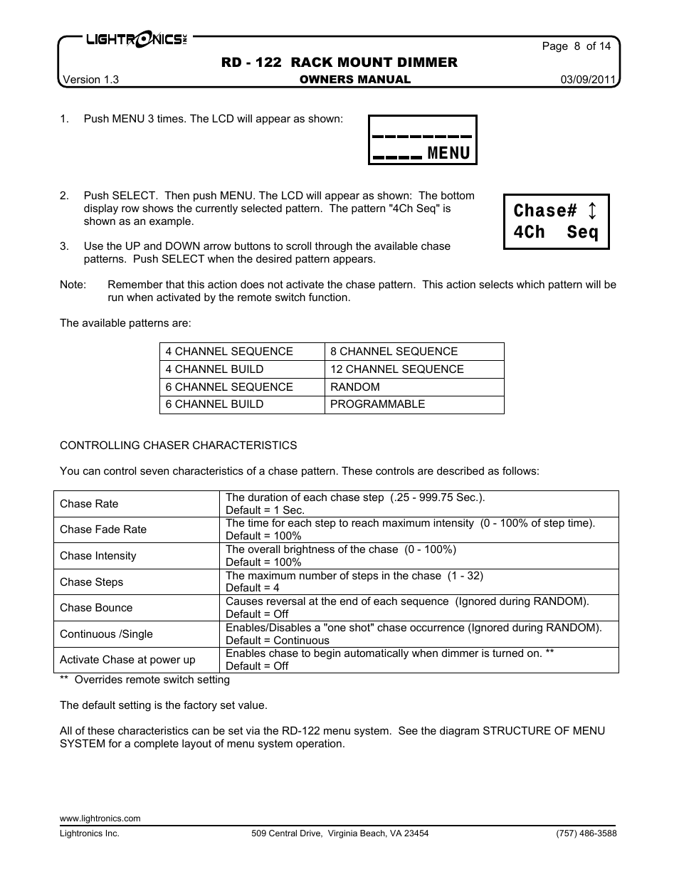 Menu chase# ¦ 4ch seq | Lightronics RD122 User Manual | Page 8 / 14