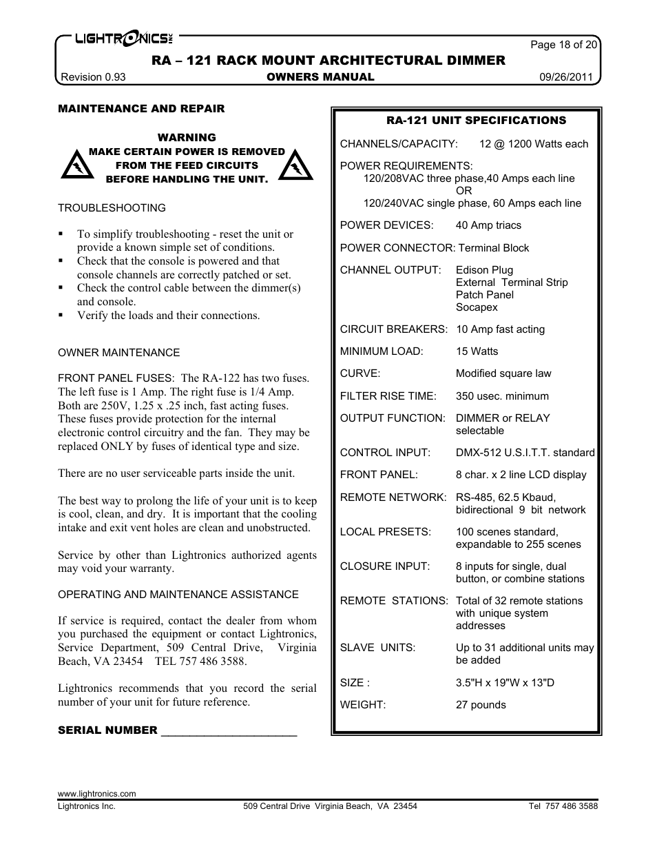 Lightronics RA121 User Manual | Page 18 / 20