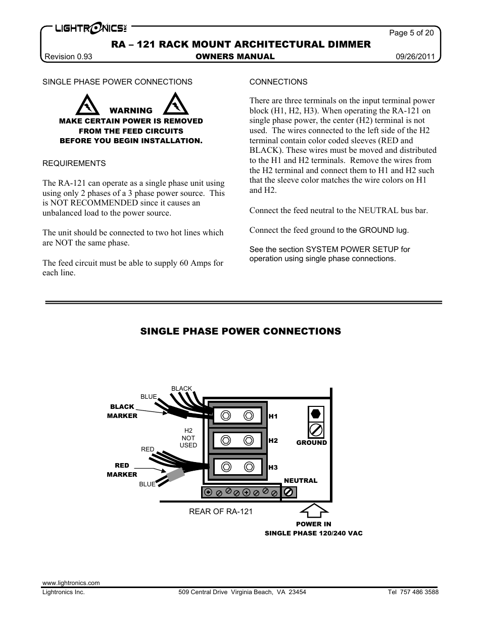 Ra – 121 rack mount architectural dimmer, Single phase power connections | Lightronics RA121 User Manual | Page 5 / 20