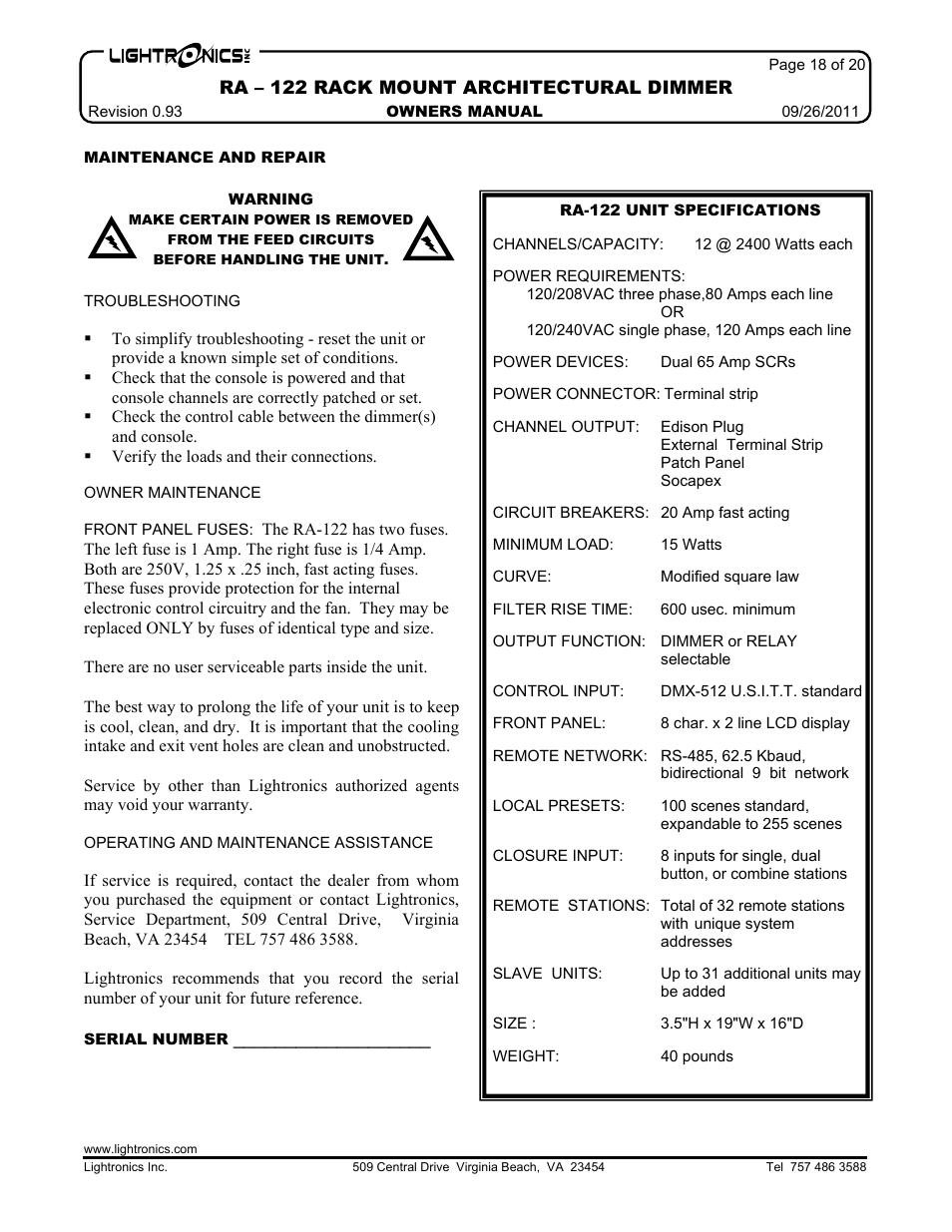 Lightronics RA122 User Manual | Page 18 / 20